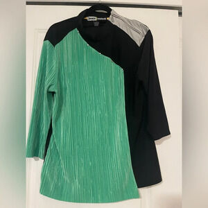 Jamie Sadock Top Tunic L Crinkle Ribbed Green Black Asymmetric Zip Studded Golf